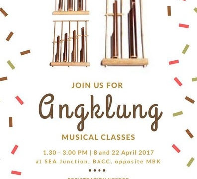 Angklung Class on 8 and 22 April 2017 from 1.30 – 3 pm